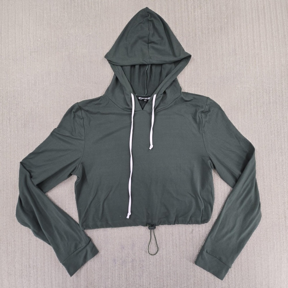 Feathers Hoodie Womens XL Green Lightweight Cropped V Neck Drawstring Hem Top